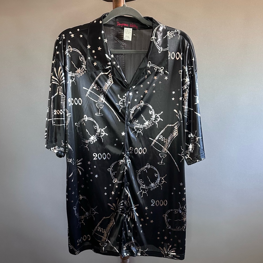 Sold Y2K Dangerous Willie 2000 New Years Silver Black Sheer Button Down Mens L - Picture 2 of 8